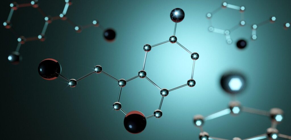 3d illustration. Model of serotonin molecule, Hormone of Happiness