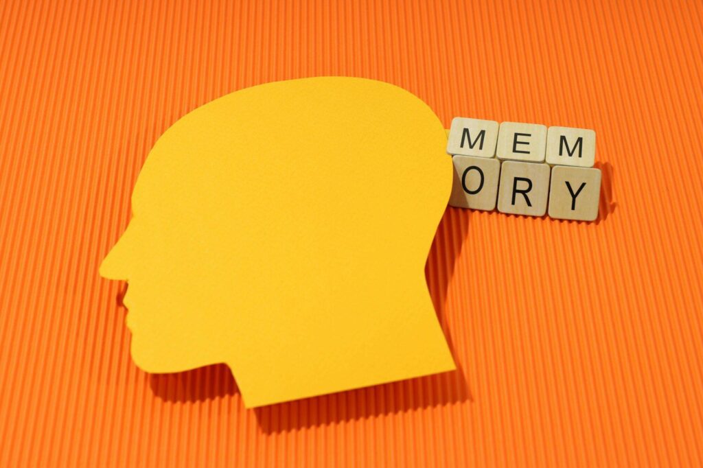 Concept of problems with memory, amnesia disease on orange background