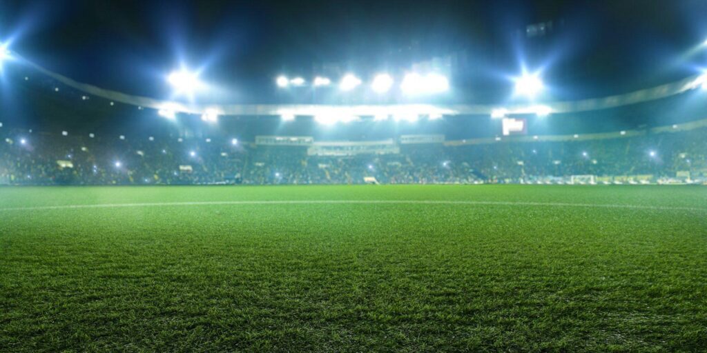 Football stadium, shiny lights, view from field