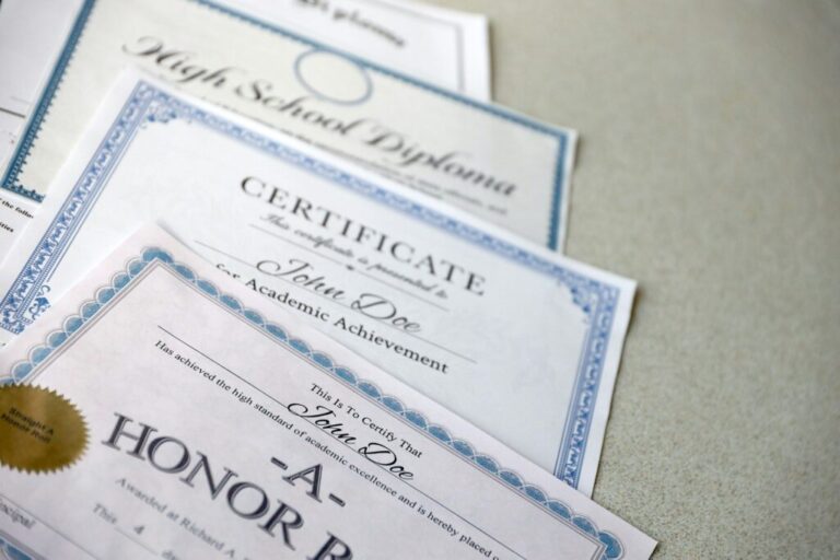 A honor roll recognition, certificate of achievement and high school diploma