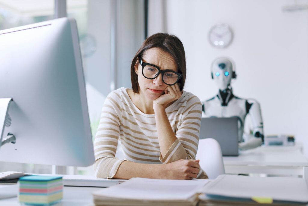 Disappointed stressed woman and AI robot in the office