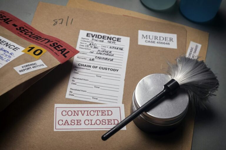 Files and evidence bag in a crime lab, conceptual image