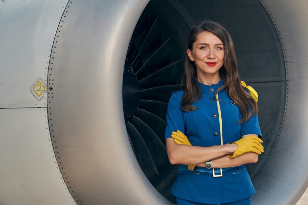 Serene stewardess with loose hair looking at the camera