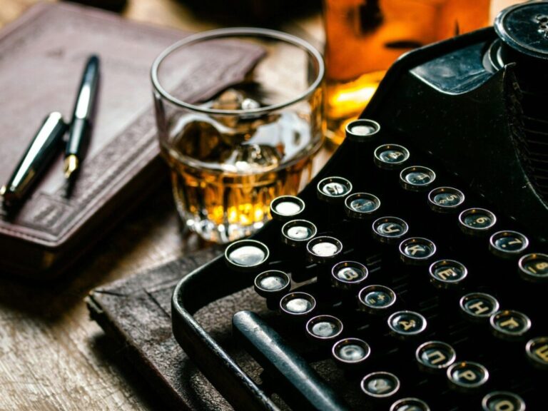 Writer's night with a glass of whiskey