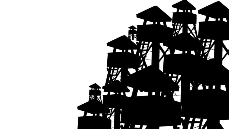 old wooden prison watchtower, war concept, restricted area, military facility, silhouette on white b